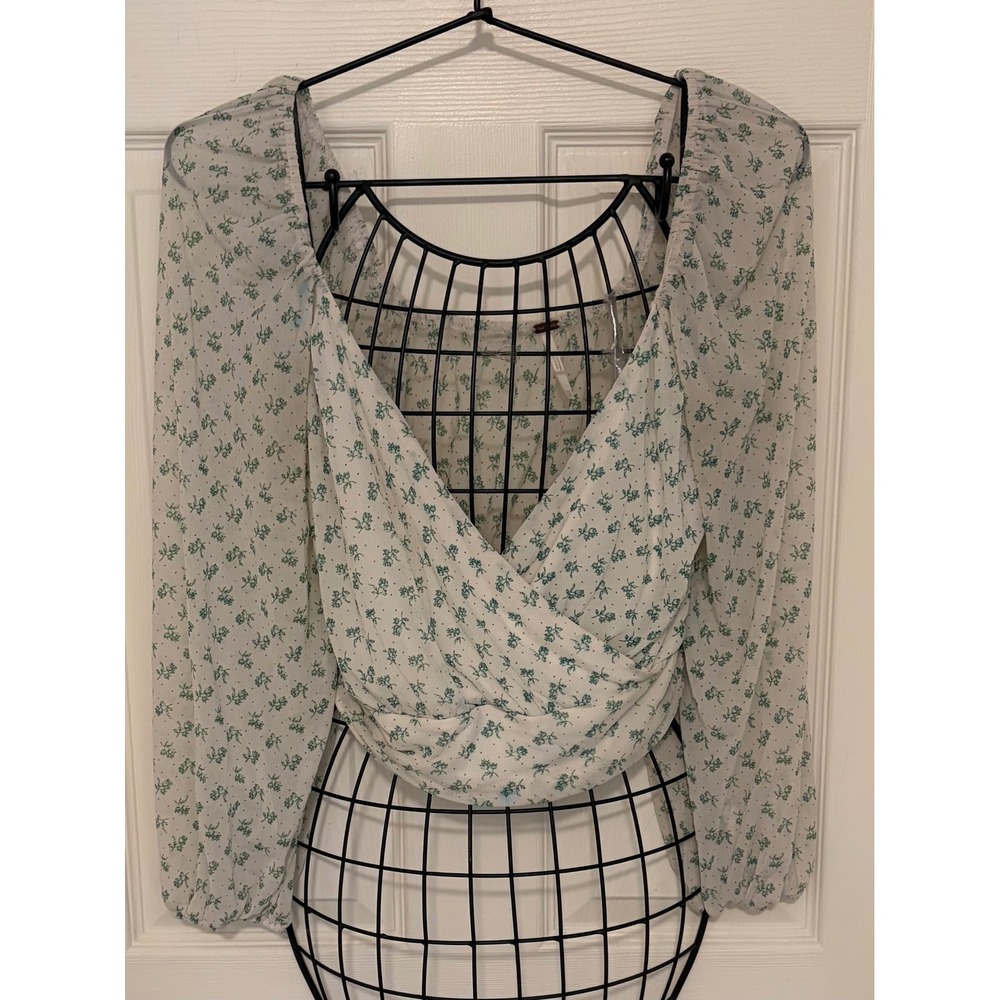 Free People Green Floral Mesh Wrap Crop Top Long Sleeve XS